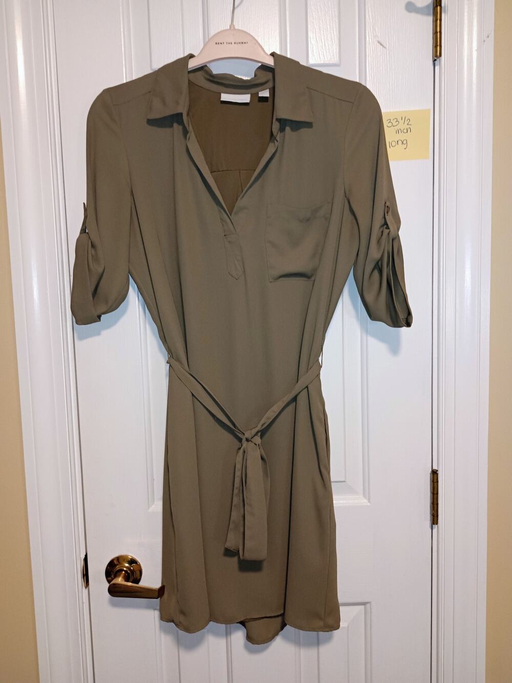 New York & Company - Olive Green Belted Waist Collared Shirt Dress - Size Small
